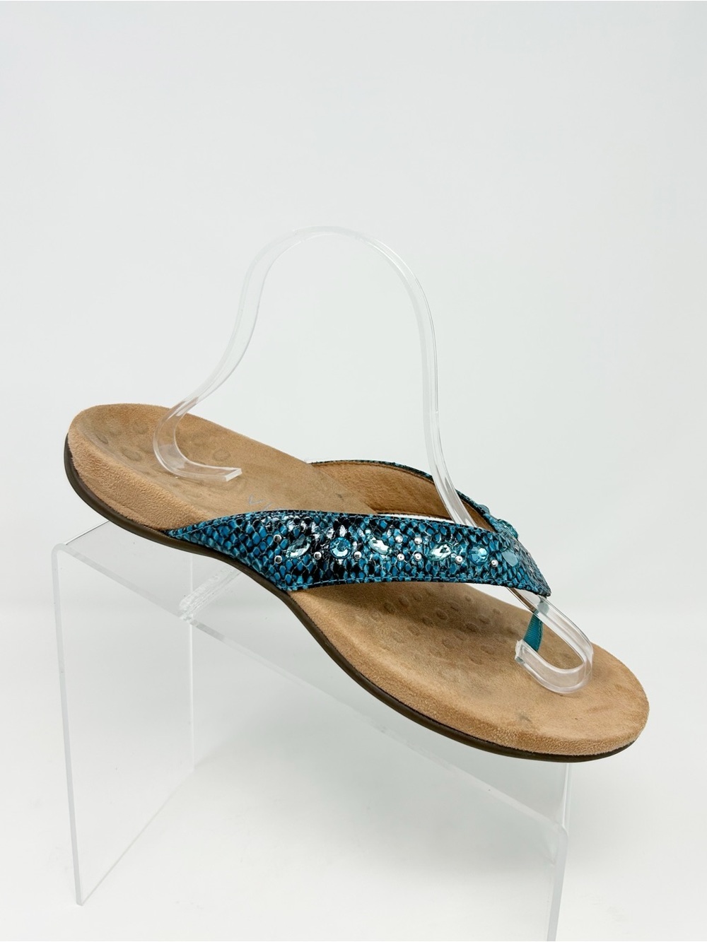 Vionic Lucia Womens Thong Sandals Teal Blue Snake Print Jeweled Orthotic Size 9